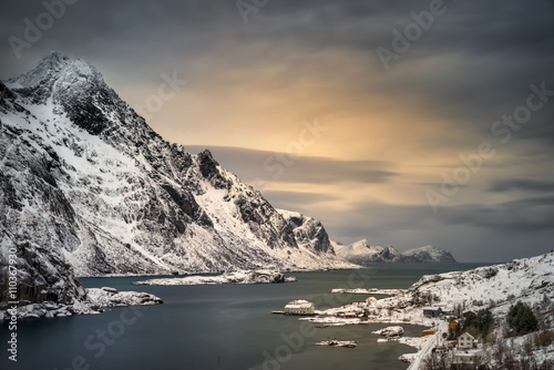 Maervoll village and fjord with mountains at sunset, Lofoten 