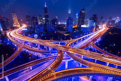 Aerial view of a highway overpass at night in Shanghai - China.