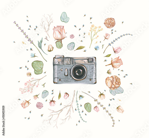Vintage retro photo camera in flowers, leaves, branches on white background. Watercolor design, Flat style. Hand drawn Vector illustration, separated elements in collage.
