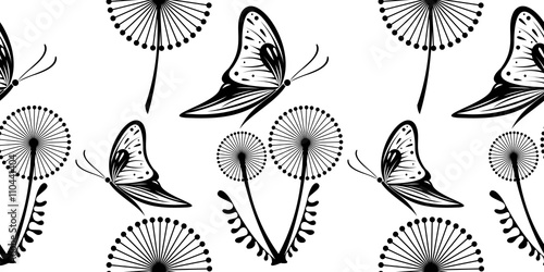 Seamless vector black and white pattern with dandelions and butterflies on the white background.