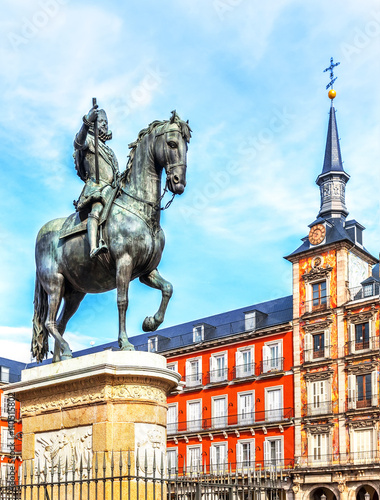 Plaza Mayor with statue of King Philips III in Madrid, Spain.