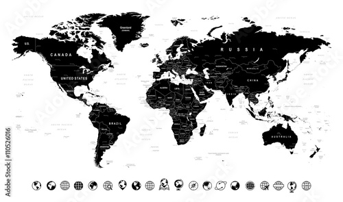 Black World Map and Globe Icons - illustrationHighly detailed black vector illustration of world map.