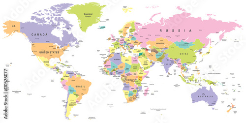Kolorowa mapa świata - granice, kraje i miasta - ilustracjaBardzo szczegółowe kolorowe wektorowej mapy świata.