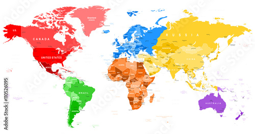 Kolorowa mapa świata - granice, kraje i miasta - ilustracjaBardzo szczegółowe kolorowe wektorowej mapy świata.