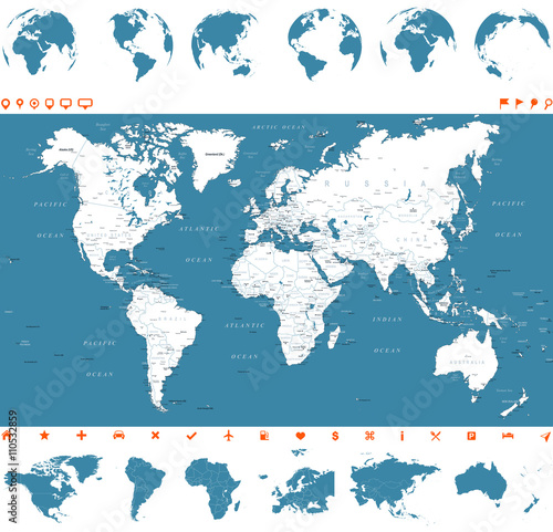 World Map, Globes and Continents - illustrationVector illustration of World map and navigation icons