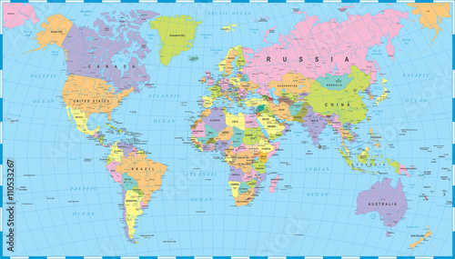 Kolorowa mapa świata - granice, kraje i miasta - ilustracjaBardzo szczegółowe kolorowe wektorowej mapy świata.