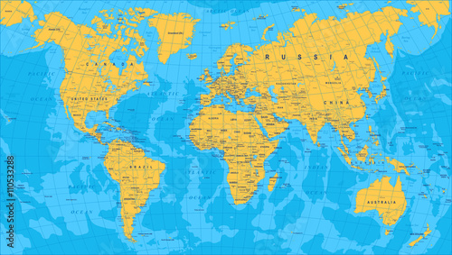 Yellow Blue World Map - borders, countries and cities - illustrationHighly detailed colored vector illustration of world map. 