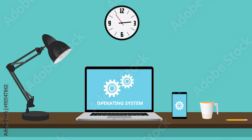 os operating system computer with gear and notebook on workdesk vector graphic illustration