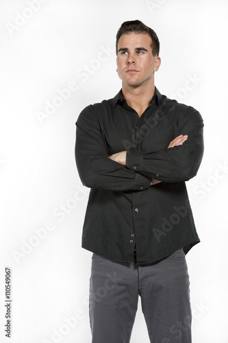White Male in Black Shirt and Gray Pants