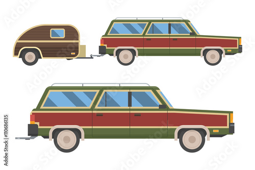 Voyage retro car isolated on white background. Travel retro automobile with trailer. Summer auto trip Rv transport. Old station wagon with trailer hindcarriage. 