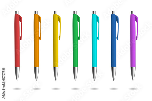 Realistic pens for identity design. Pens with rainbow colors. Vector template illustration. Corporate pen design
