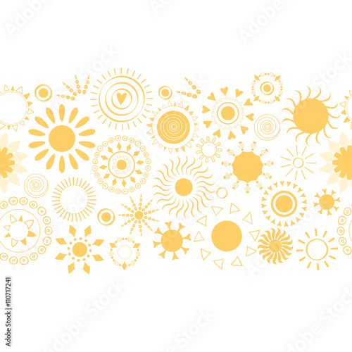 Yellow summer horizontal border with sun icons. 