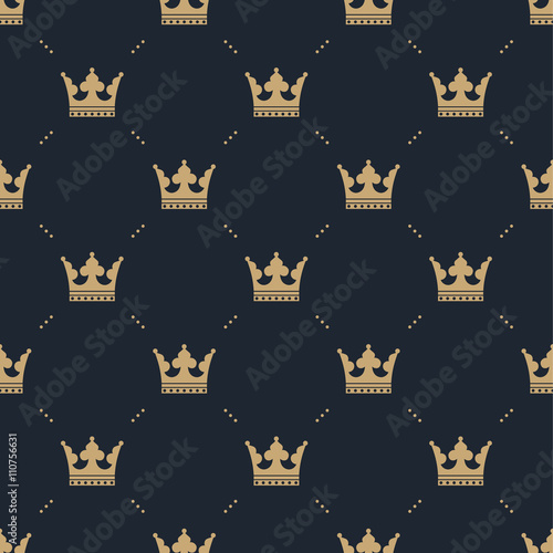 Seamless pattern in retro style with a gold crown on a blue background. Can be used for wallpaper, pattern fills, web page background,surface textures. Vector Illustration.