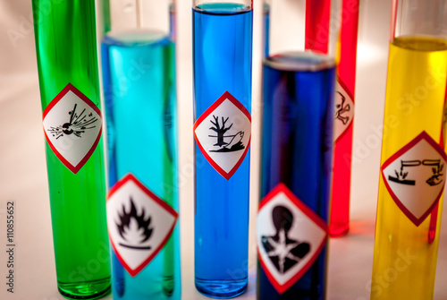 Multicolored Chemistry vials - Focus on hazardous to the environment danger