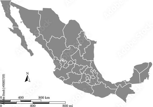 Mexico map vector outline with scales of miles and kilometers in gray background