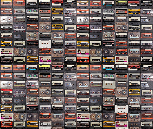 Huge collection of audio cassettes. Retro musical background