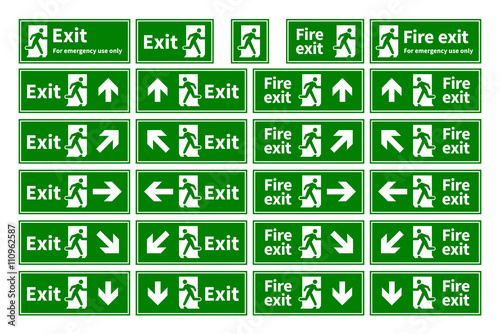Set of emergency fire exit green signs with different directions on white