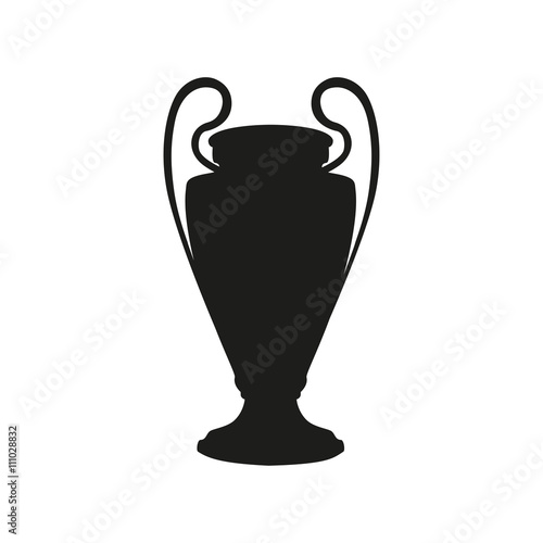 Black cup isolated on white background. Flat vector design element. UEFA Champions league vector cup isolated on white. Competition winner prize trophy. Football symbol icon. Black cup silhouette