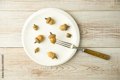 Acorns in a plate and fork on the table