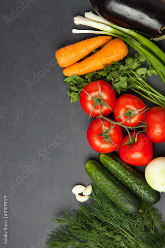 fresh organic vegetables, herbs fnd spices. Healthy eating and cooking concept. Top view on dark background with space for text.