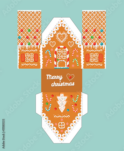 Printable gift gingerbread house with christmas glaze elements. Template for 3 d house.