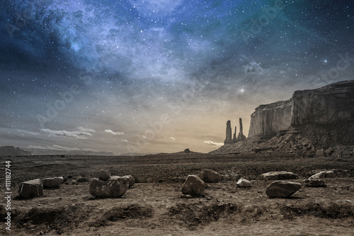 view of a rocky desert landscape at dusk