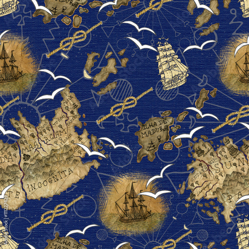 Seamless pattern with fantasy land and ship on blue paper texture