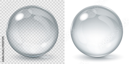 Big transparent glass sphere and opaque sphere with glares and shadow. Transparency only in vector file