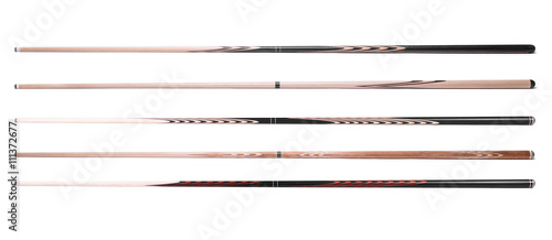 billiard cue sticks on white background