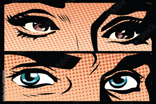 Male and female eyes close-up pop art retro