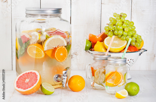 Detox fruit infused flavored water, lemonade, cocktail in a beverage dispenser