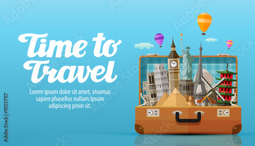 travel to world. open suitcase with landmarks. vector illustration