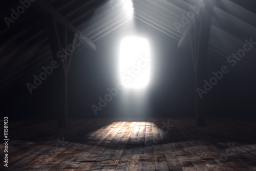 3d rendering of darken empty attic with light rays