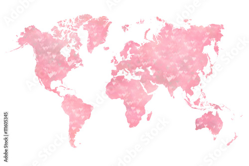 Mapa świata wypełniona fotografią rozmytych (zarezerwowanych) różowych serc