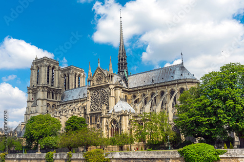 The famous Notre Dame cathedral in Paris on a summer day