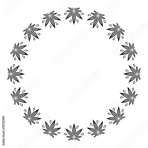 Round black and white frame of stylized cannabis leaf.