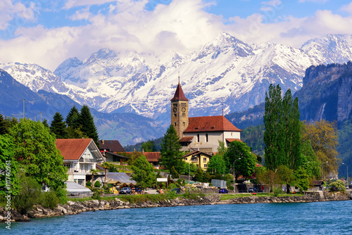 Brienz town near Interlaken and snow covered Alps mountains, Switzerland