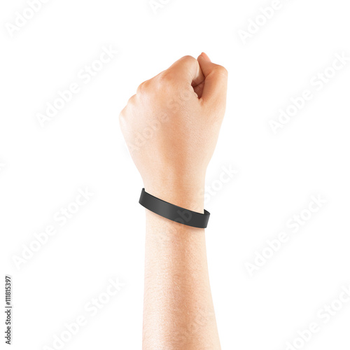 Blank black rubber wristband mockup on hand, isolated
