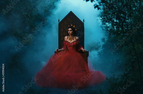 dark evil queen sitting on a luxurious throne,dark boho, Princess in red dress , vampire , hip toning , creative color,dark boho