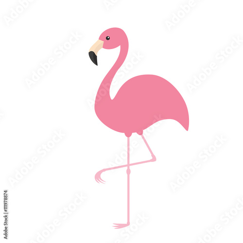 Pink flamingo. Exotic tropical bird. Zoo animal collection. Cute cartoon character. Decoration element. Flat design. White background. Isolated.