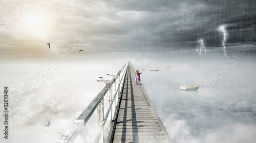 Bird flying on fantasy opposite weather sky, beautiful sun, ominous stormy sky clouds and bridge, infinity conception for composite