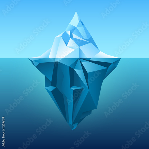 Iceberg in blue ocean vector background. Polygonal iceberg underwater, metaphor business iceberg northern on water sea illustration
