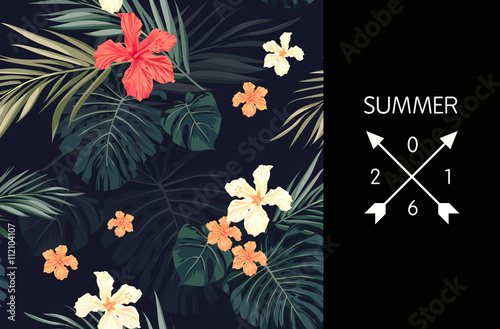 Summer tropical hawaiian background with palm tree leaves and exotic flowers