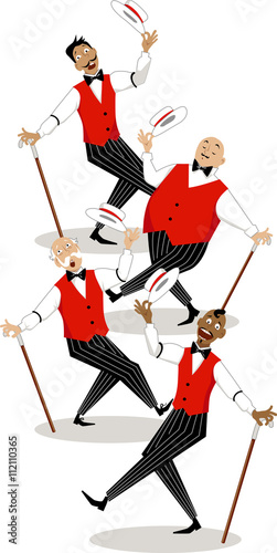 Four singers in traditional stage costumes performing barbershop quartet style song, EPS 8 vector illustration