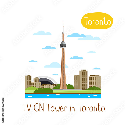 TV CN Tower in Toronto. Famous world landmarks icon concept. Journey around the world. Tourism and vacation theme. Modern design flat vector illustration.