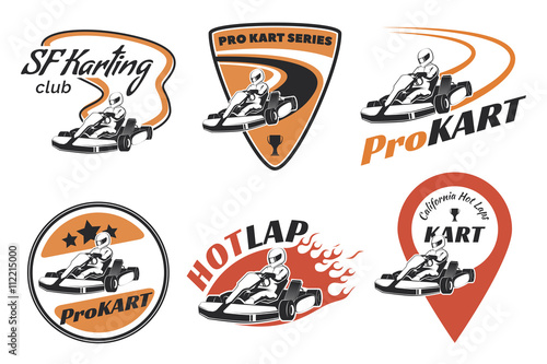 Set of kart racing emblems, logo and icons.Vector illustration w
