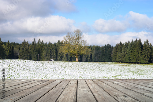 Empty wooden terrace with countryside view on background