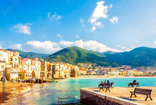 Beach town of Cefalu in the evening, Sicily, Italy.