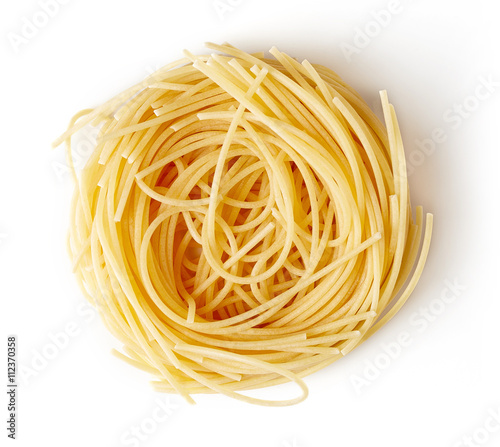 Pasta nest isolated on white, from above