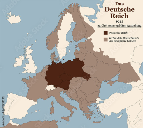 Third Reich at its greatest extent in 1942. Map of Nazi Germany in Europe in Second World War with todays state borders. GERMAN LABELING!